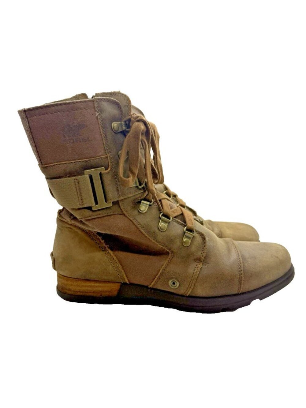 SOREL Major Carly NL2157-260 Leather Canvas Ankle Combat Boots Side Zip Brown 9